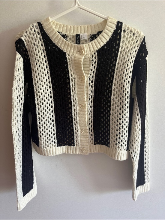 H&M Sweaters - H&M Black and Cream Open-Knit Button Cardigan